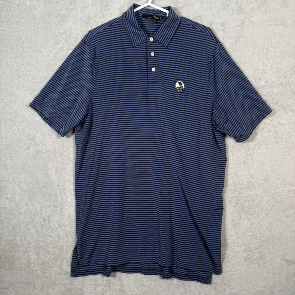 RLX Ralph Lauren Polo Shirt Men Large Blue Striped Pebble Beach Golf Performance